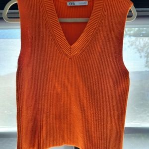 ZARA orange v-neck cotton cableknit vest